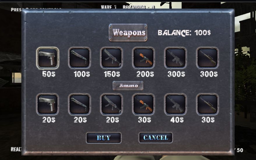 Actual store showing separate weapon and ammunition rows with a balance of 100