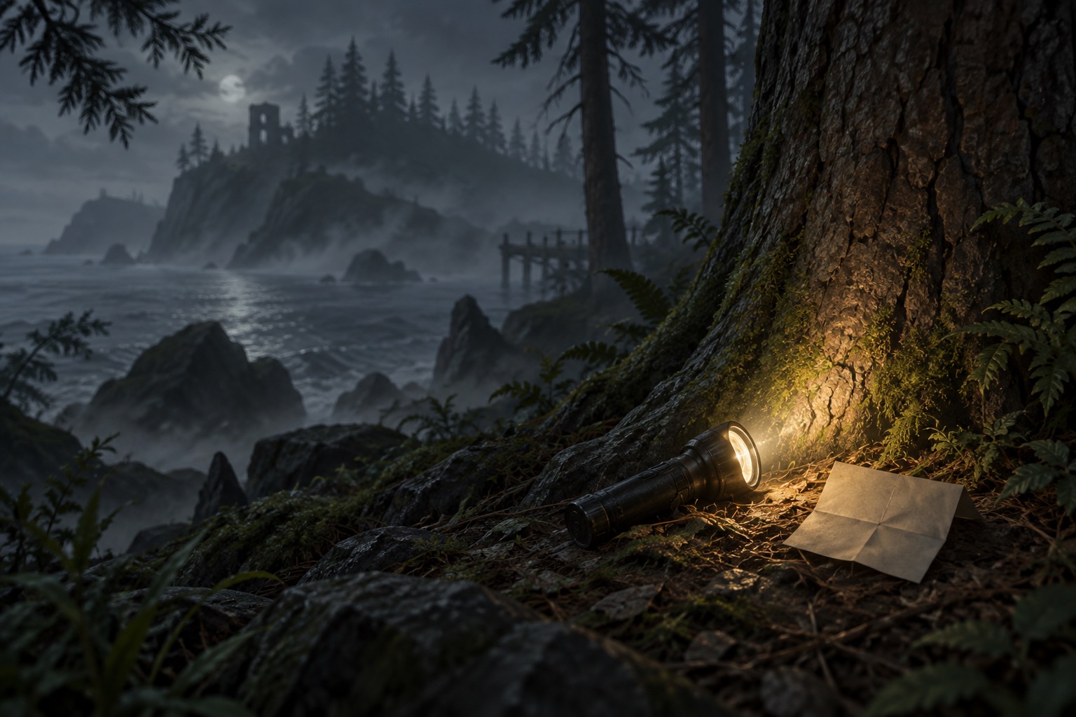 Concept illustration of a flashlight and paper beside a tree in a misty forest