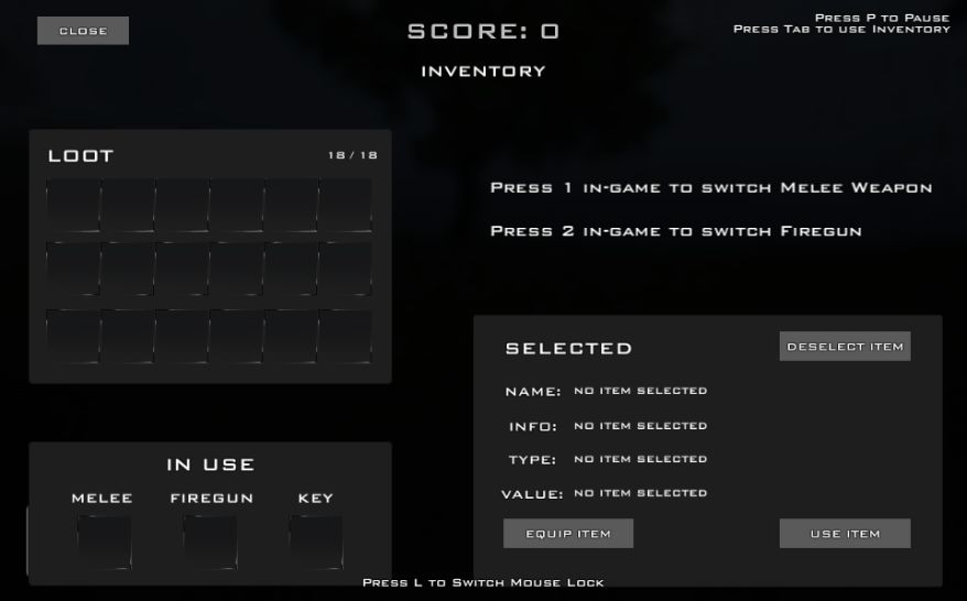 Actual inventory showing Loot, In Use, Selected, Equip Item and Use Item