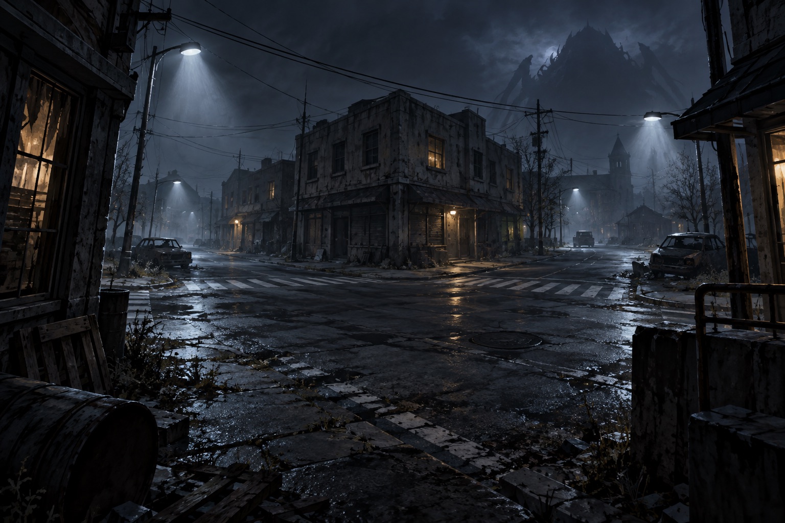Concept illustration of a deserted city junction with several possible approaches