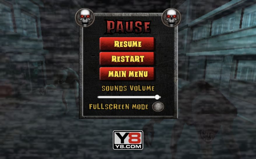 Actual pause menu with Resume, Restart, Main Menu, volume and fullscreen