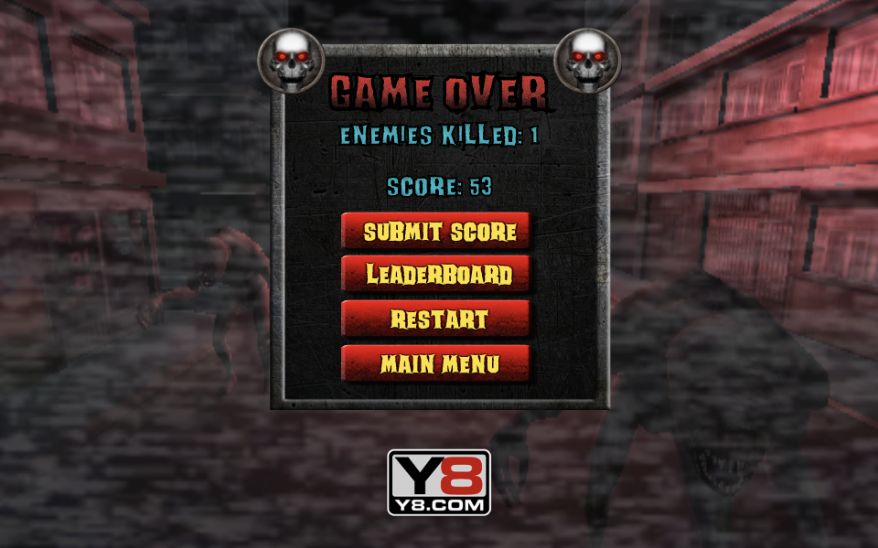 Actual game-over result showing one enemy killed, score 53 and Restart