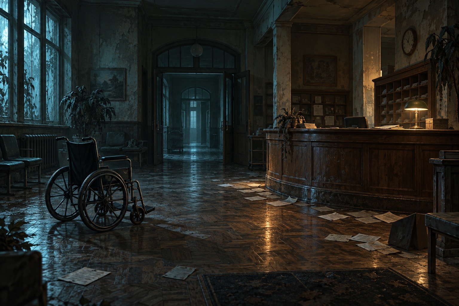 Illustrated abandoned reception hall with a wheelchair and scattered papers