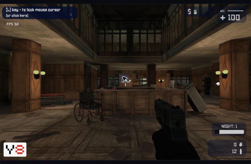 Reception hall with health 100, cash zero, Night 1 and twelve rounds