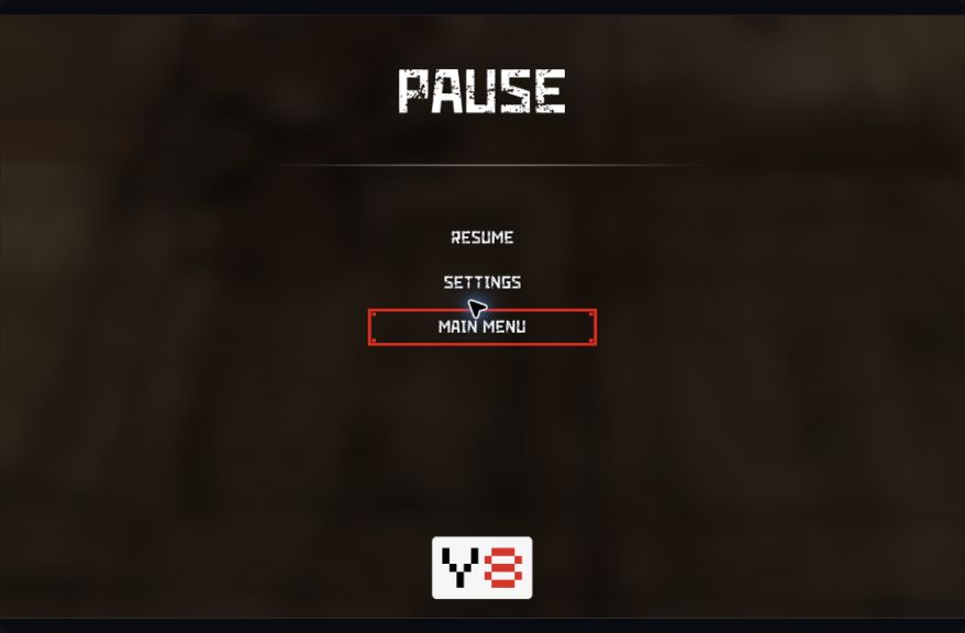Pause menu with Resume, Settings and Main Menu
