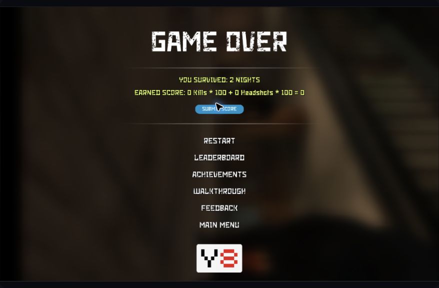 Game Over result with two nights, zero score and Restart