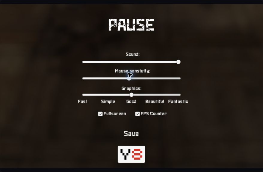 Sound, mouse sensitivity, graphics quality, fullscreen and FPS counter settings