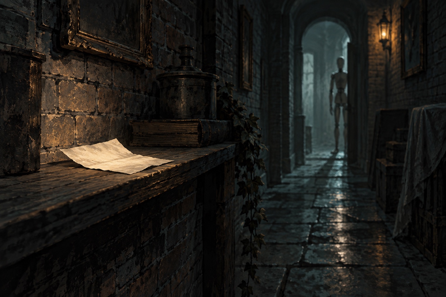 Concept illustration of a paper note and distant mannequin in a dim corridor