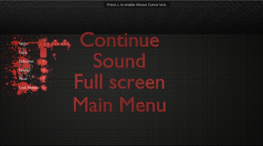 Actual pause menu with Continue, Sound, Full screen and Main Menu options