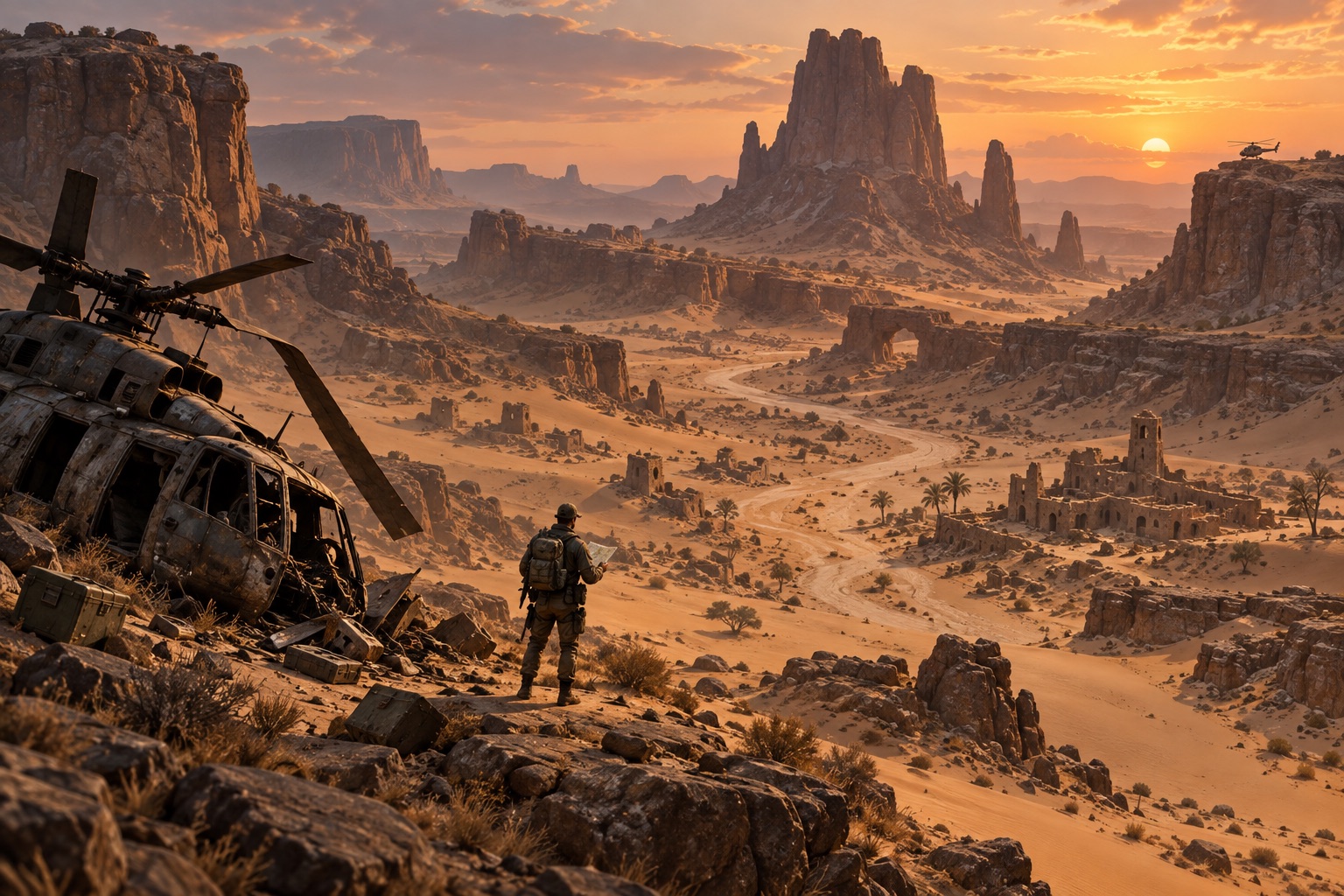 Concept art of a survivor using desert rock formations as orientation landmarks