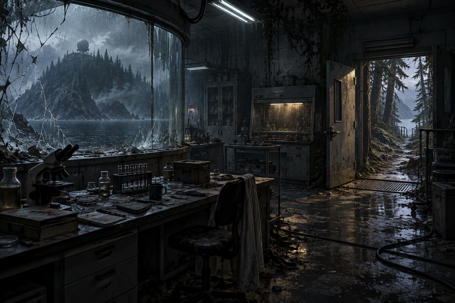 Concept art of an abandoned island laboratory with broken observation glass